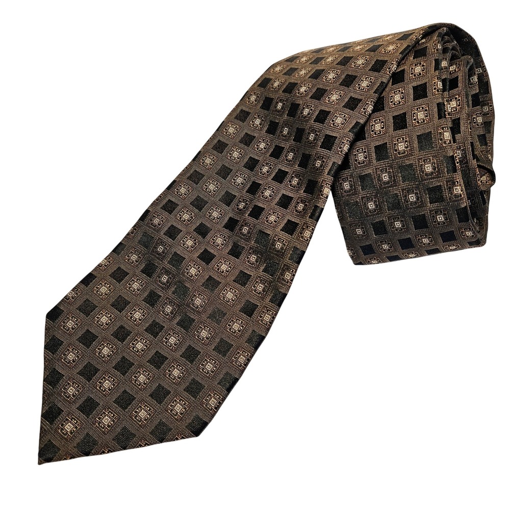 Louis Philippe Men Silk Necktie Brown Black Geometric Square Pattern Classic Tie